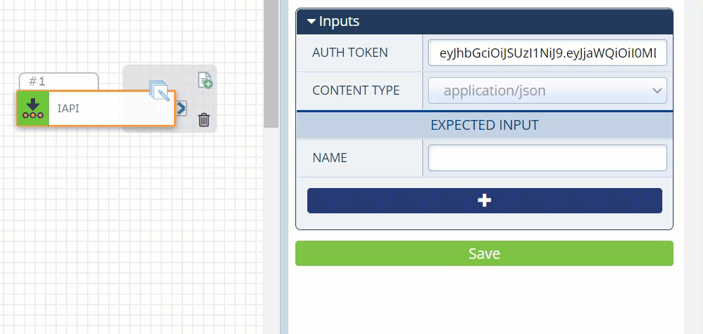 The Inbound API action on the board and the Inputs section of the Configurations Panel with sample values